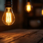 A photograph of a vintage-style light bulb illuminated in a cozy