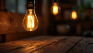 A photograph of a vintage-style light bulb illuminated in a cozy