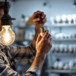 A photograph of a lighting contractor at work