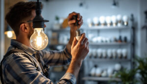A photograph of a lighting contractor at work