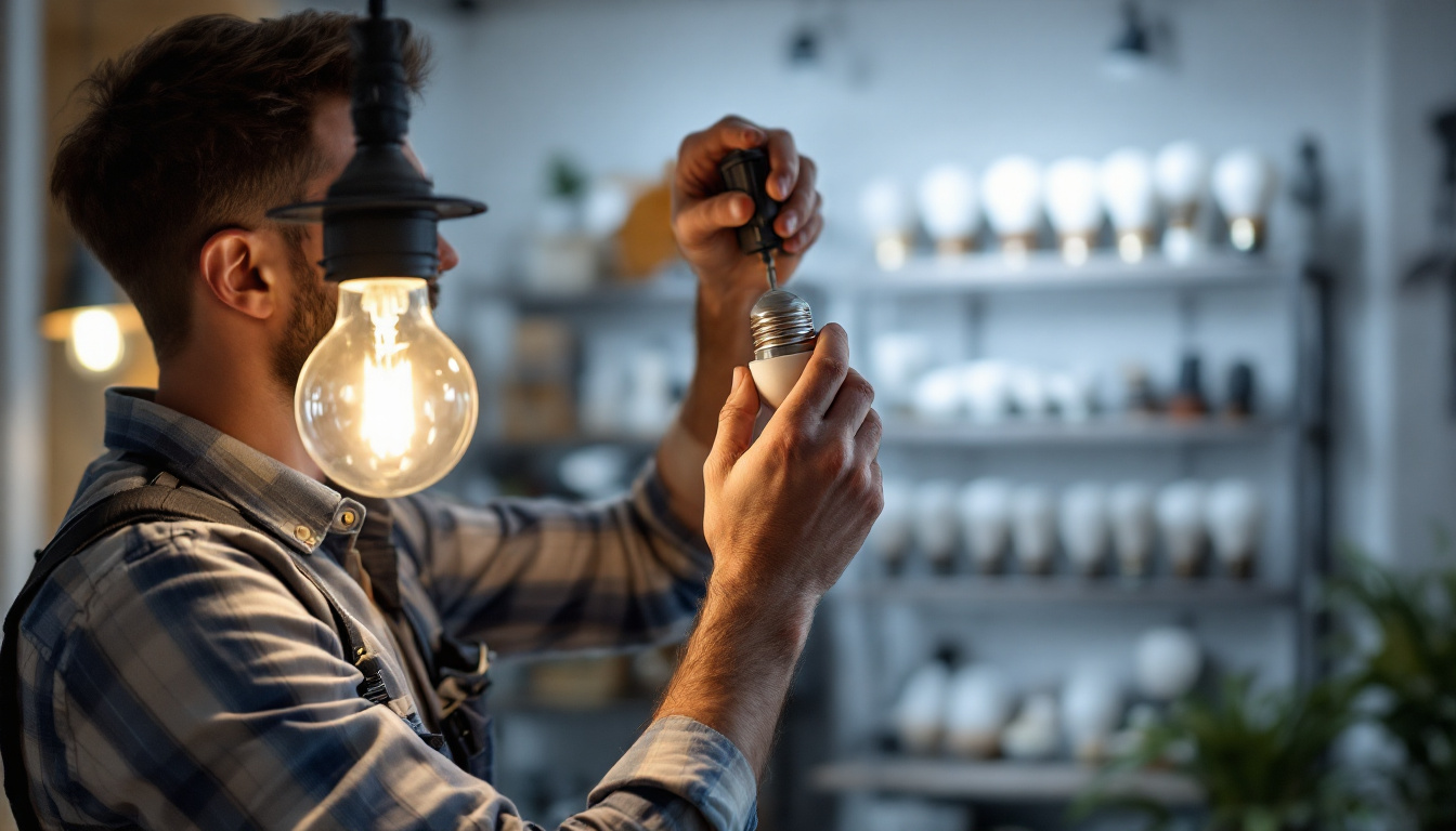 A photograph of a lighting contractor at work