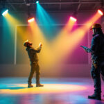 A photograph of a modern interior space illuminated by vibrant led flood lights