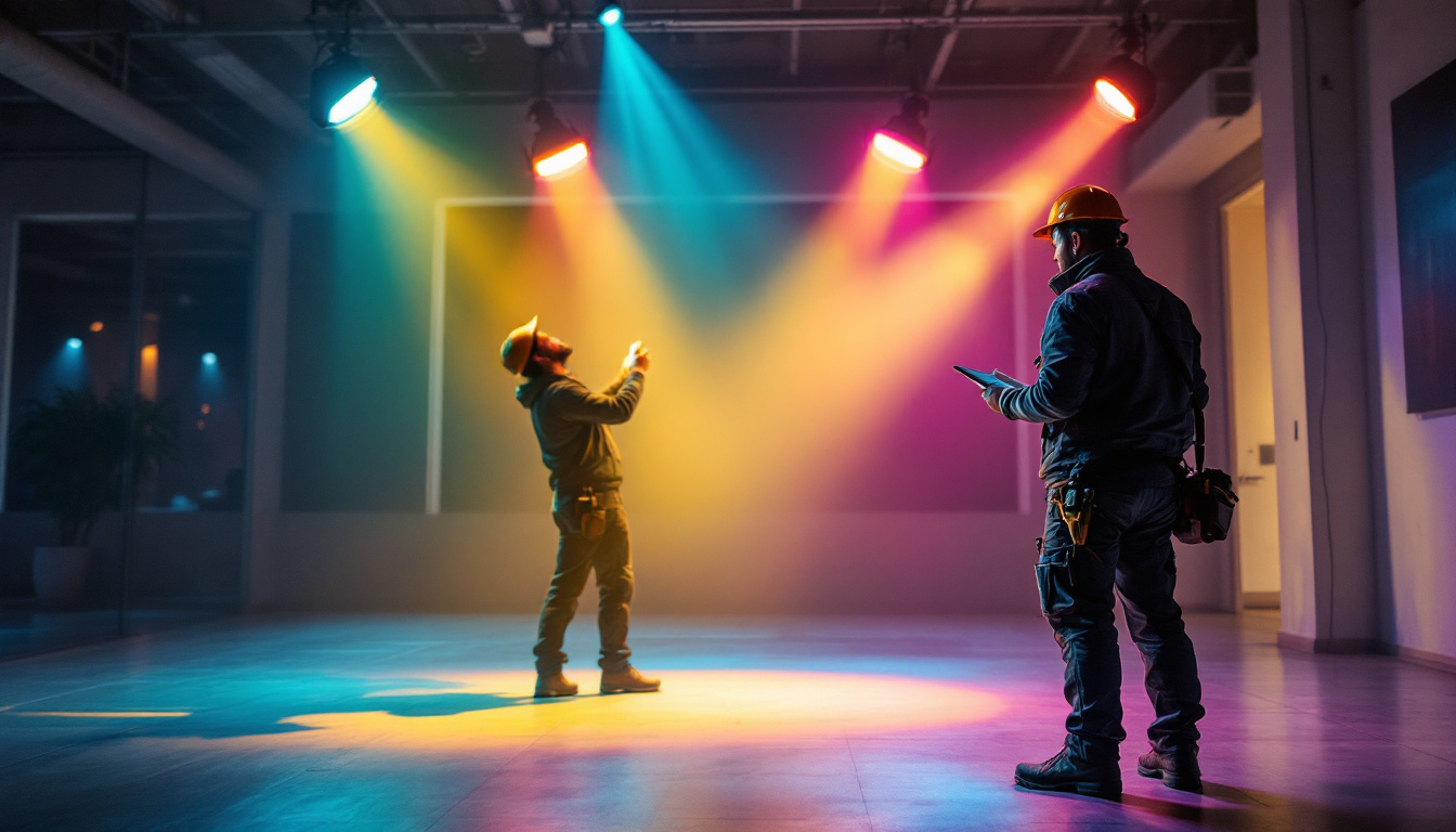 A photograph of a modern interior space illuminated by vibrant led flood lights