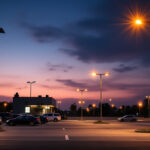 A photograph of a well-lit parking lot at dusk