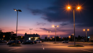 A photograph of a well-lit parking lot at dusk