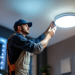 A photograph of a lighting contractor expertly installing retrofit led fixtures in a modern residential or commercial space