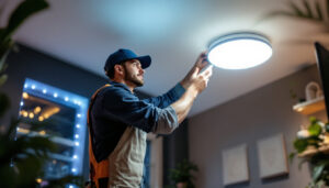 A photograph of a lighting contractor expertly installing retrofit led fixtures in a modern residential or commercial space