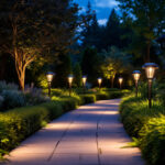 A photograph of a beautifully illuminated garden pathway at dusk