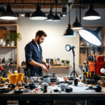 A photograph of a well-organized workspace featuring various lighting accessories