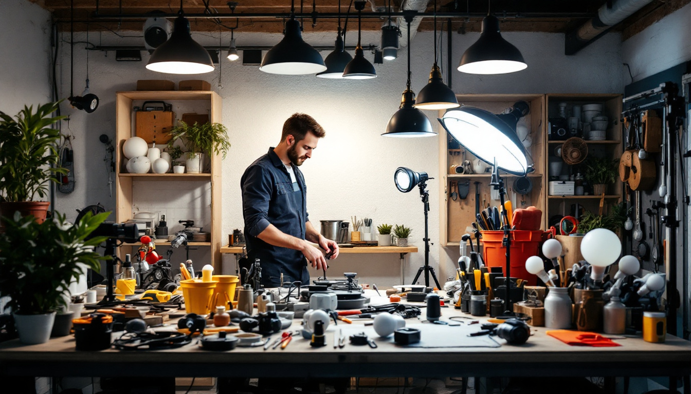 A photograph of a well-organized workspace featuring various lighting accessories