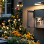 A photograph of a well-installed outdoor electric box in a landscaped garden setting