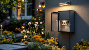 A photograph of a well-installed outdoor electric box in a landscaped garden setting