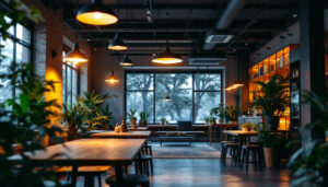 A photograph of a well-lit commercial space showcasing various lighting fixtures in use