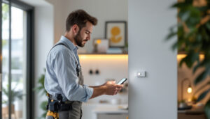 A photograph of a skilled contractor installing the feit t12 buizz smart lighting system in a modern residential setting