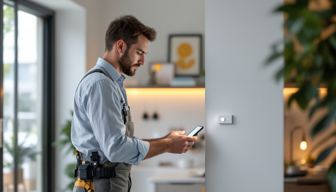 A photograph of a skilled contractor installing the feit t12 buizz smart lighting system in a modern residential setting