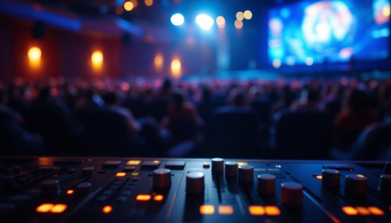 A photograph of a professional setting that showcases an auditorium with dimmer switches in action