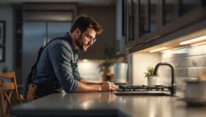 A photograph of a well-designed kitchen illuminated by under-cabinet lighting