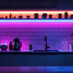 A photograph of a stylish kitchen or workspace featuring vibrant led under counter strip lights illuminating the area