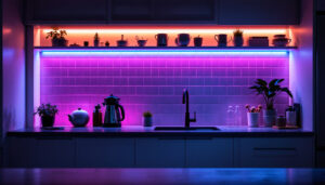 A photograph of a stylish kitchen or workspace featuring vibrant led under counter strip lights illuminating the area