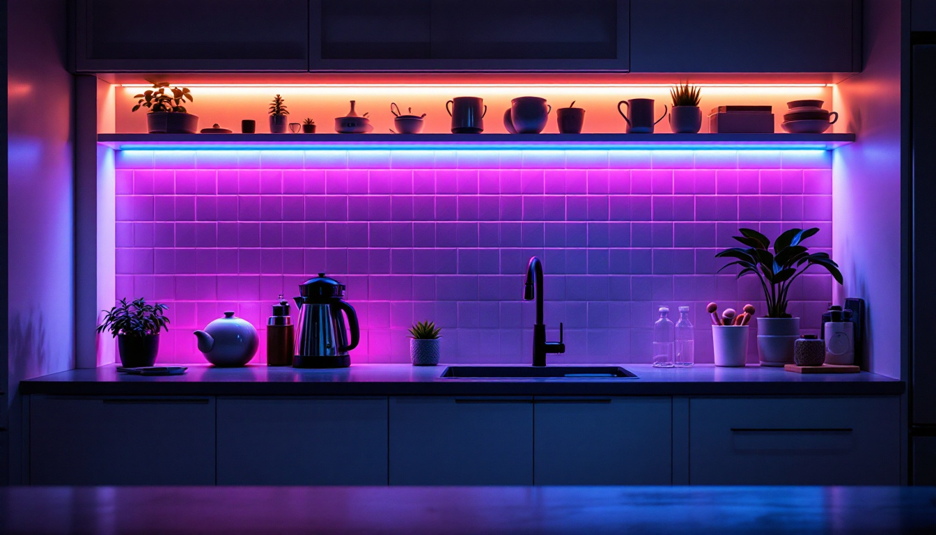 A photograph of a stylish kitchen or workspace featuring vibrant led under counter strip lights illuminating the area