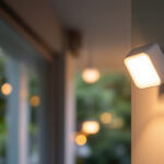 A photograph of a stylish motion sensor outdoor ceiling light installed on a porch or patio