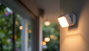 A photograph of a stylish motion sensor outdoor ceiling light installed on a porch or patio