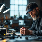 A photograph of a lighting contractor evaluating different types of headlights