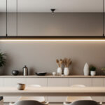 A photograph of capture a photograph of a modern interior space featuring sleek linear suspension lighting elegantly installed above a dining table or workspace