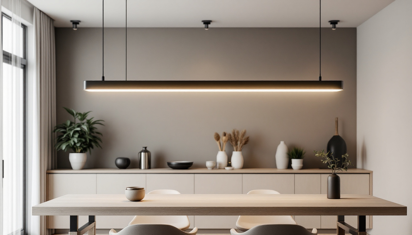 A photograph of capture a photograph of a modern interior space featuring sleek linear suspension lighting elegantly installed above a dining table or workspace