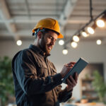 A photograph of a lighting contractor using a tablet or smartphone to monitor and adjust track head lights in a modern