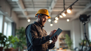 A photograph of a lighting contractor using a tablet or smartphone to monitor and adjust track head lights in a modern