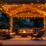 A photograph of a beautifully illuminated covered patio featuring string lights