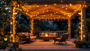A photograph of a beautifully illuminated covered patio featuring string lights