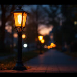 A photograph of a beautifully illuminated sidewalk lamp at dusk