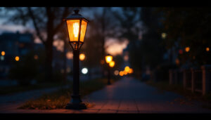 A photograph of a beautifully illuminated sidewalk lamp at dusk