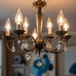 A photograph of a beautifully designed chandelier light fixture in a stylishly decorated room