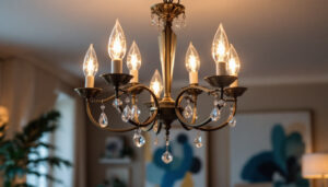 A photograph of a beautifully designed chandelier light fixture in a stylishly decorated room