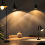 A photograph of a well-designed interior space featuring various post light fixtures in use