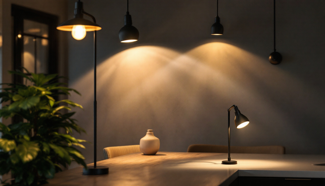A photograph of a well-designed interior space featuring various post light fixtures in use