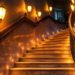 A photograph of a beautifully illuminated staircase featuring stylish lighting fixtures that highlight the architectural details of the stairs