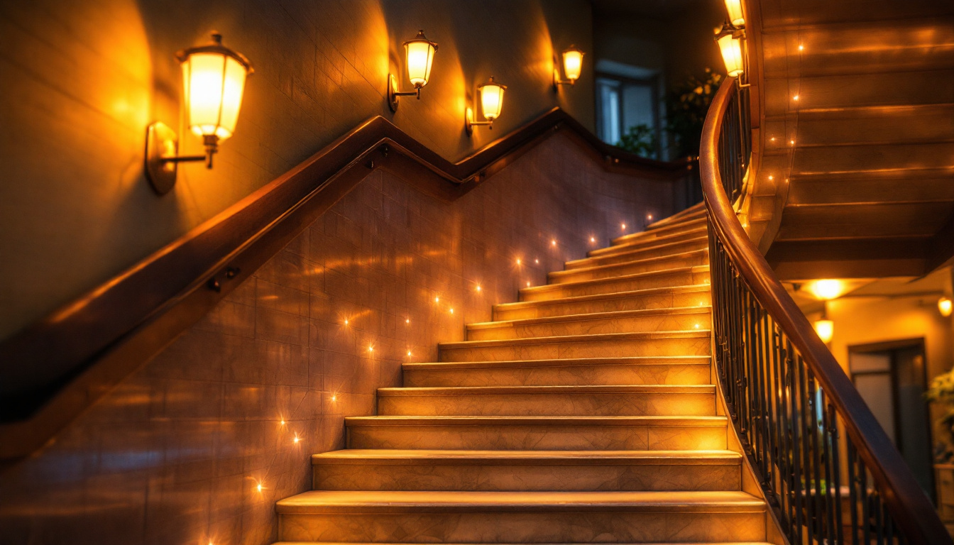 A photograph of a beautifully illuminated staircase featuring stylish lighting fixtures that highlight the architectural details of the stairs