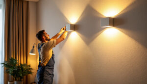 A photograph of a lighting contractor installing led wall fixtures in a modern interior space