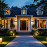 A photograph of a beautifully lit exterior of a house at dusk