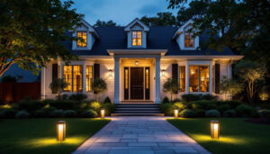 A photograph of a beautifully lit exterior of a house at dusk