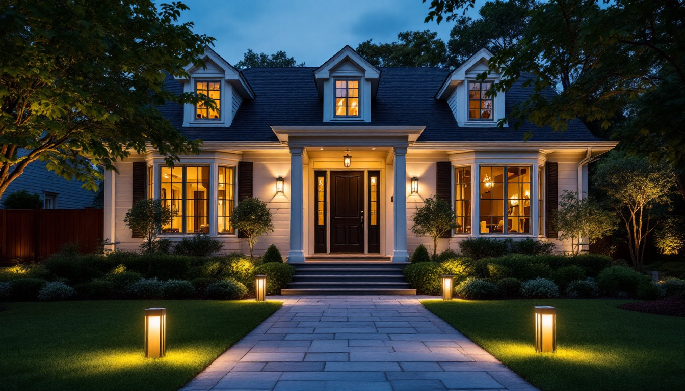 A photograph of a beautifully lit exterior of a house at dusk