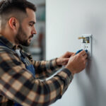 A photograph of a skilled electrician installing or inspecting an electric dryer wall outlet