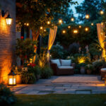 A photograph of a beautifully lit outdoor space showcasing various styles of battery-powered lights in use