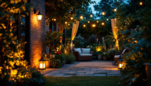A photograph of a beautifully lit outdoor space showcasing various styles of battery-powered lights in use