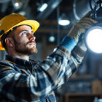 A photograph of a lighting contractor efficiently installing a hid lamp in a commercial setting