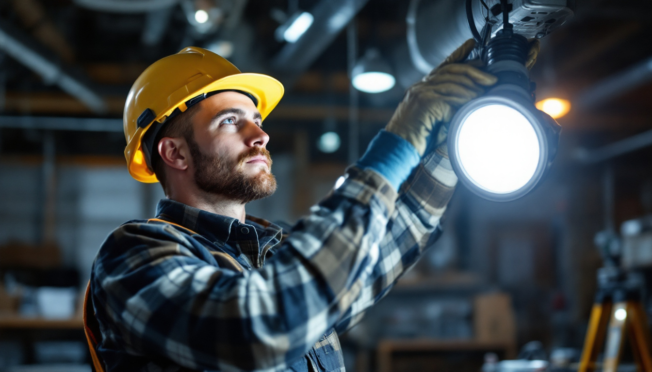 A photograph of a lighting contractor efficiently installing a hid lamp in a commercial setting